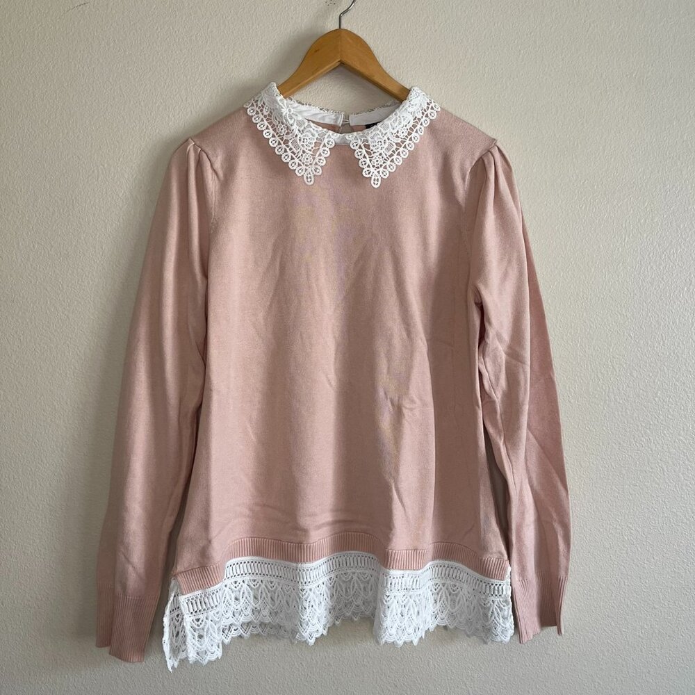Women's Adrianna Pappell Twofer Pink Sweater with Lace, Size L